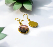 Load image into Gallery viewer, Wood Dangle Earrings Sunset Mountain