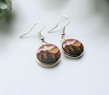 Load image into Gallery viewer, Wood Dangle Earrings Sunset Mountain
