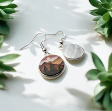 Load image into Gallery viewer, Wood Dangle Earrings Sunset Mountain