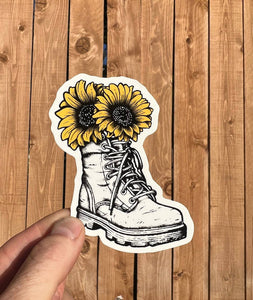 Hiking Boot & Flowers Sticker - hike decal, flower sticker