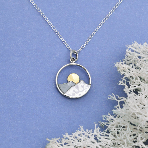 Sterling Silver 18 In Mountain Necklace with Bronze Sun