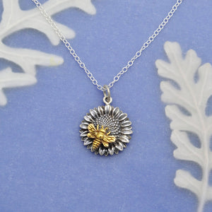 Sterling Silver 18 Inch Sunflower Necklace with Bronze Bee