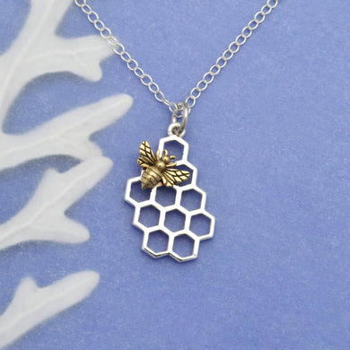 Sterling Silver Honeycomb Necklace with Bronze Bee