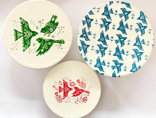 Set of 3 Folk Bird  bowl covers , eco friendly kitchen