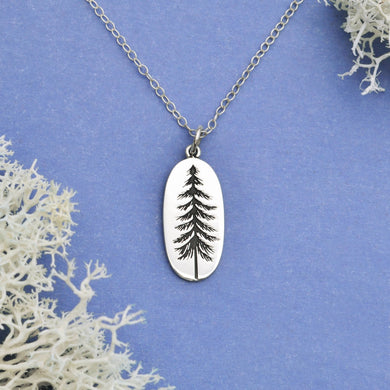 Sterling Silver 18 Inch Oval Pine Tree Necklace